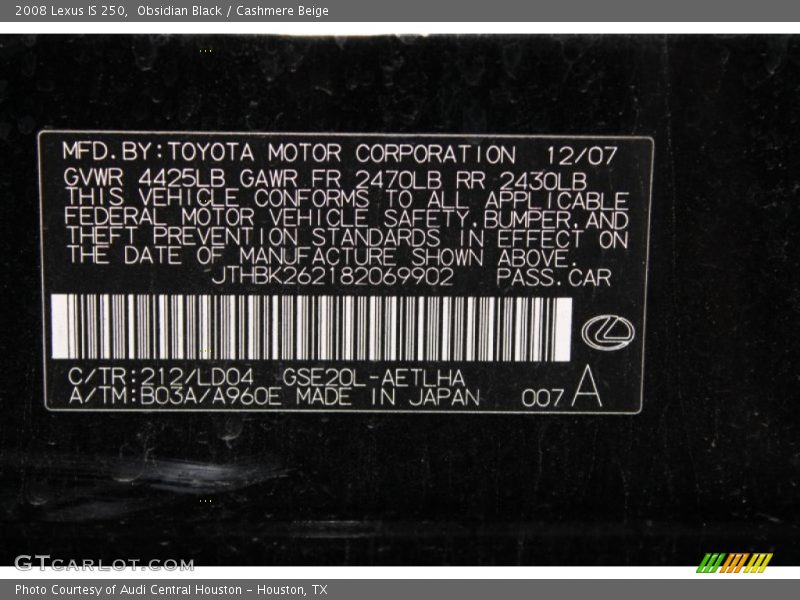 Obsidian Black / Cashmere Beige 2008 Lexus IS 250