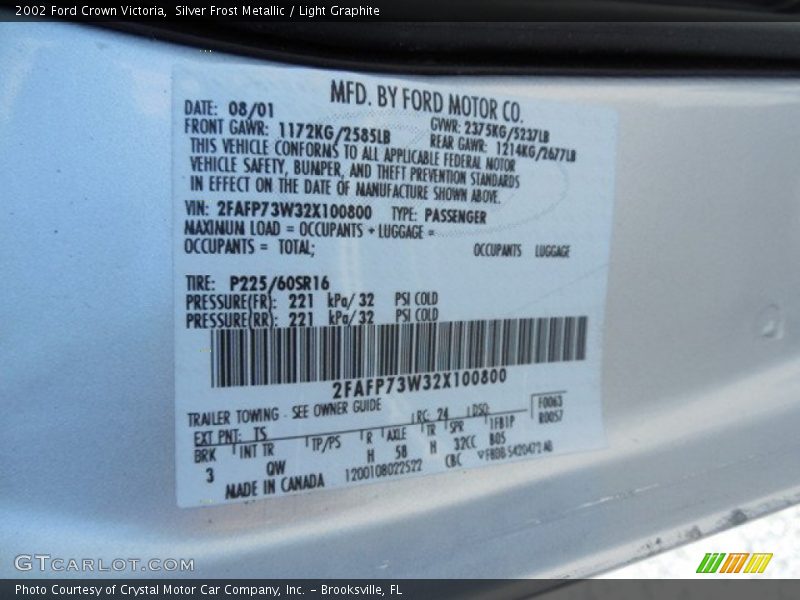 2002 Crown Victoria  Silver Frost Metallic Color Code TS