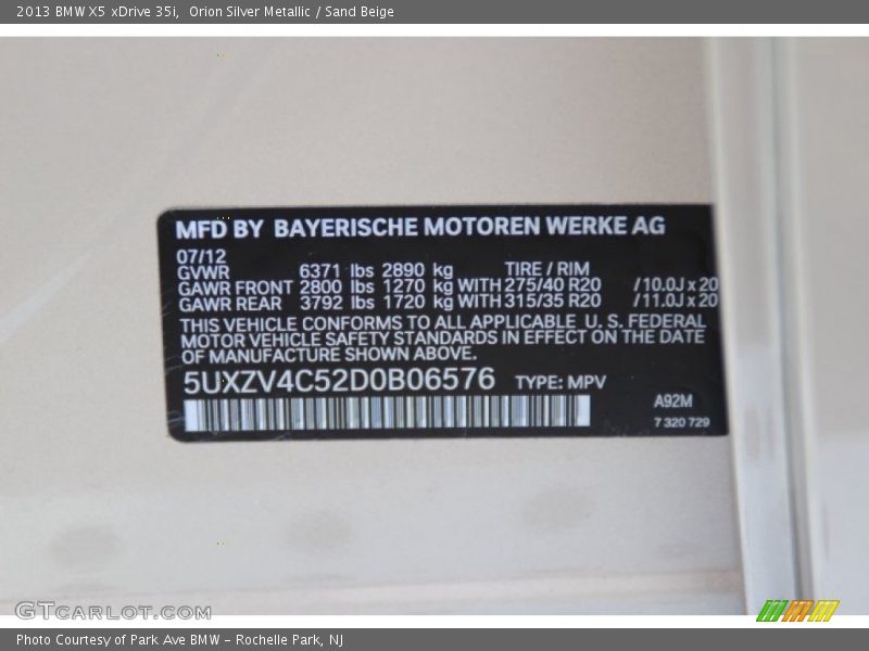 Orion Silver Metallic / Sand Beige 2013 BMW X5 xDrive 35i