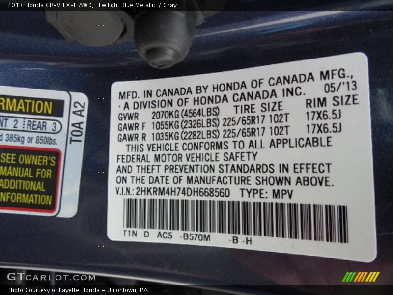 Twilight Blue Metallic / Gray 2013 Honda CR-V EX-L AWD