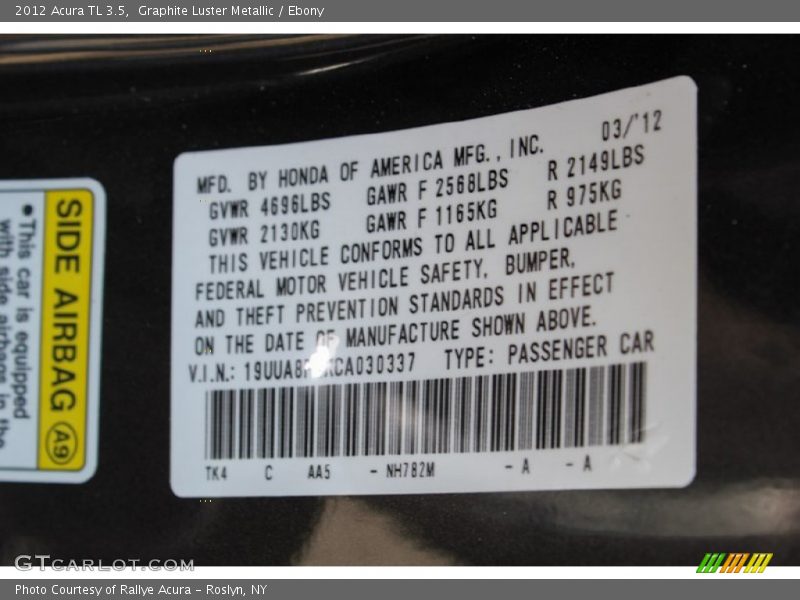Graphite Luster Metallic / Ebony 2012 Acura TL 3.5
