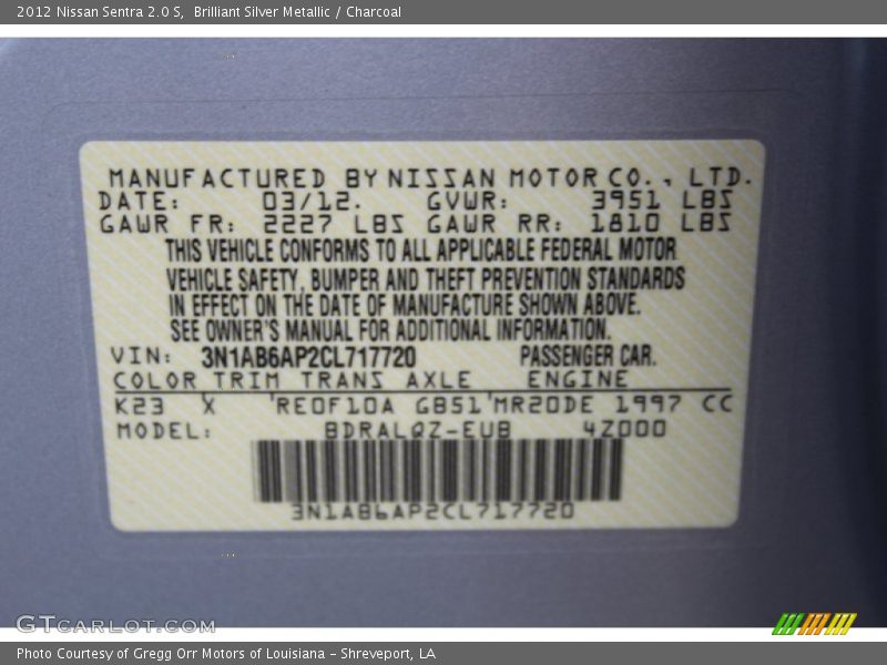 Brilliant Silver Metallic / Charcoal 2012 Nissan Sentra 2.0 S