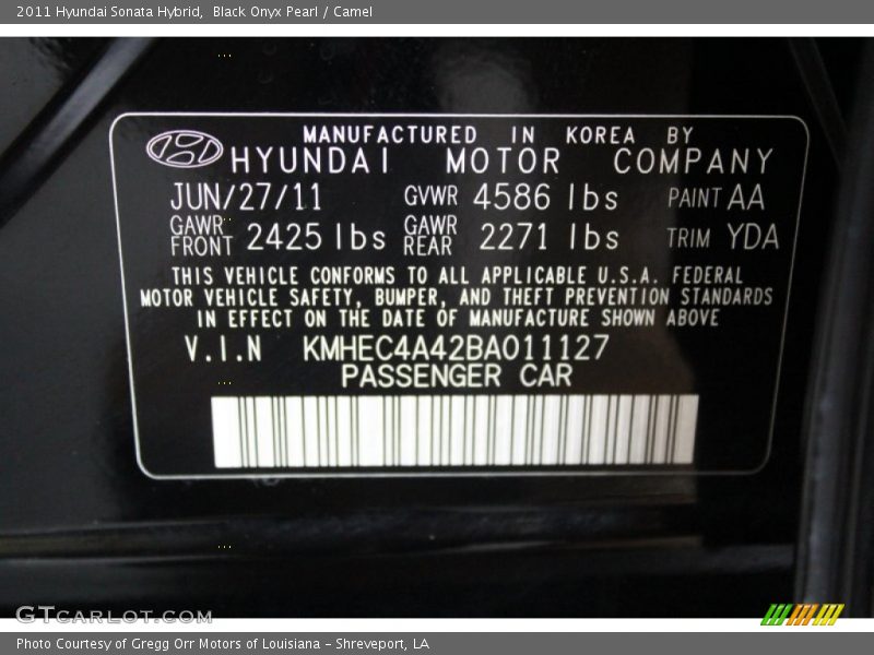 Black Onyx Pearl / Camel 2011 Hyundai Sonata Hybrid