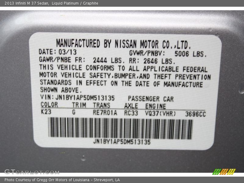 2013 M 37 Sedan Liquid Platinum Color Code K23