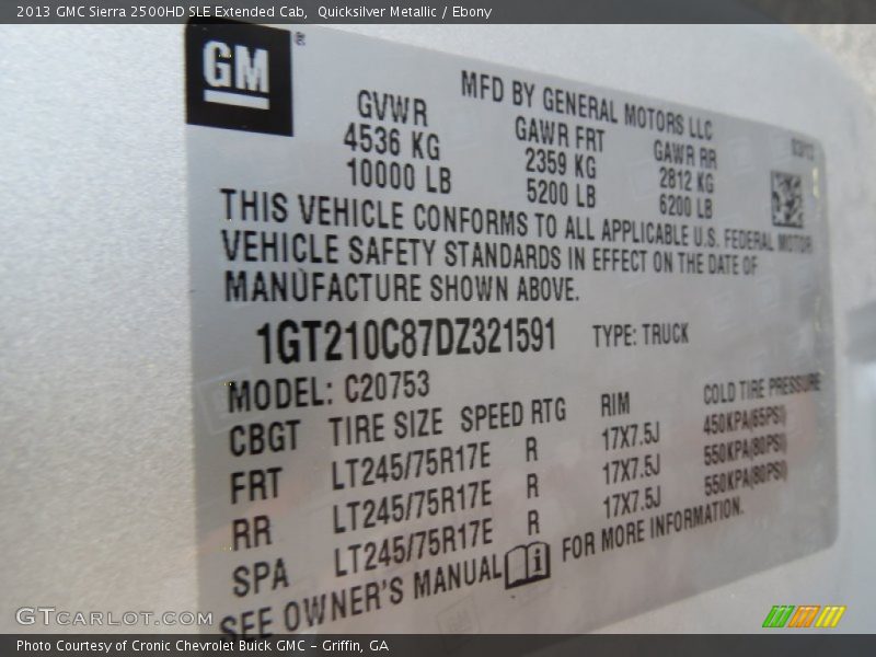 Info Tag of 2013 Sierra 2500HD SLE Extended Cab