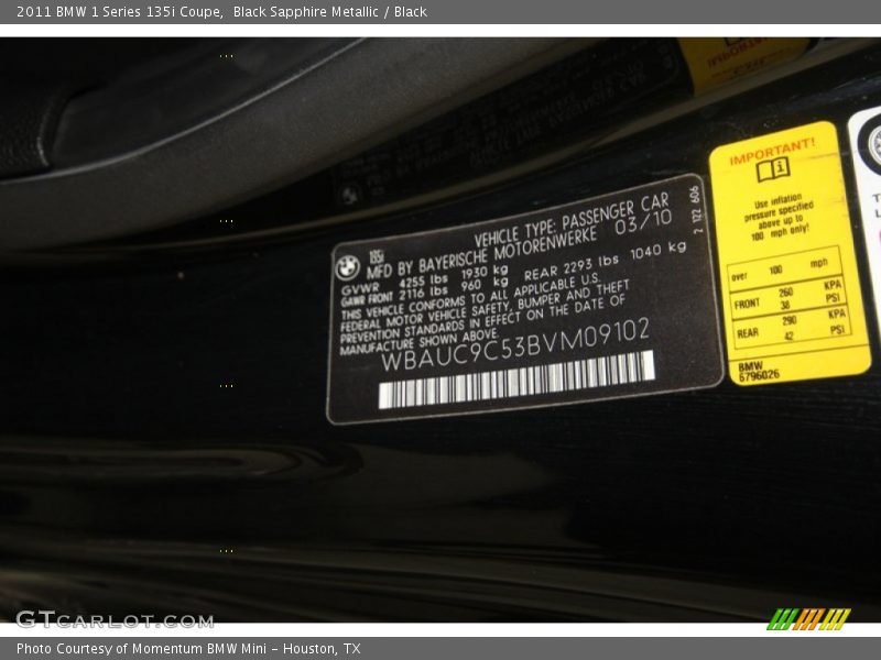 Black Sapphire Metallic / Black 2011 BMW 1 Series 135i Coupe