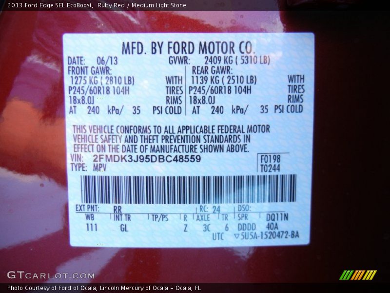 Ruby Red / Medium Light Stone 2013 Ford Edge SEL EcoBoost
