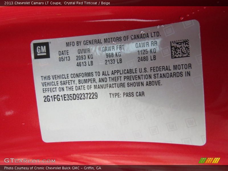 Info Tag of 2013 Camaro LT Coupe