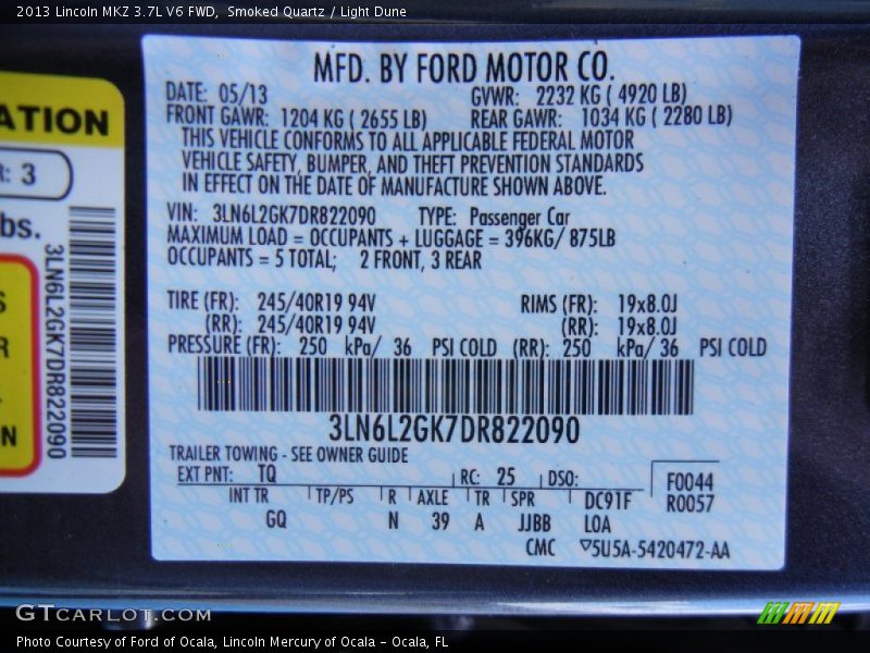 2013 MKZ 3.7L V6 FWD Smoked Quartz Color Code TQ