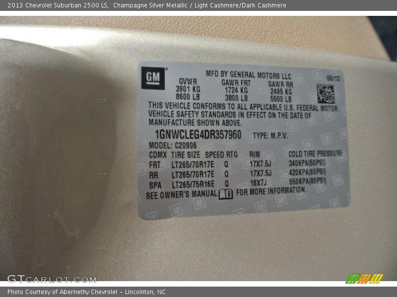Info Tag of 2013 Suburban 2500 LS