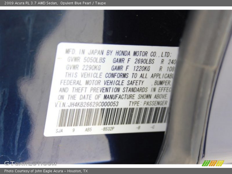 2009 RL 3.7 AWD Sedan Opulent Blue Pearl Color Code B532P