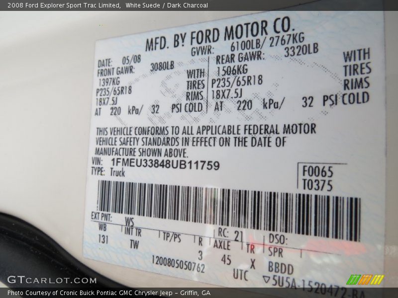 2008 Explorer Sport Trac Limited White Suede Color Code WS