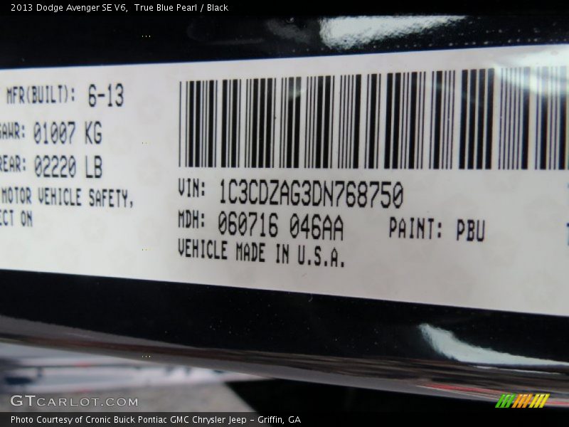 True Blue Pearl / Black 2013 Dodge Avenger SE V6