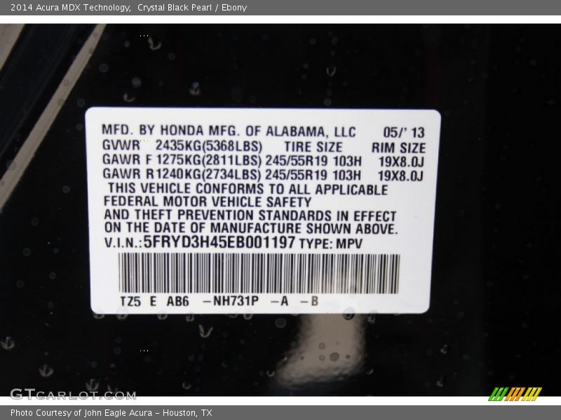 2014 MDX Technology Crystal Black Pearl Color Code NH731P