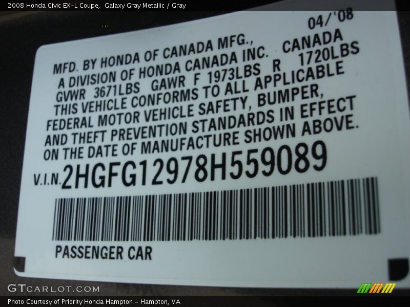 Galaxy Gray Metallic / Gray 2008 Honda Civic EX-L Coupe