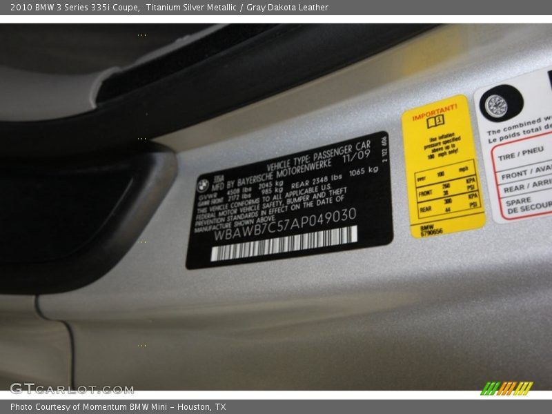 Info Tag of 2010 3 Series 335i Coupe