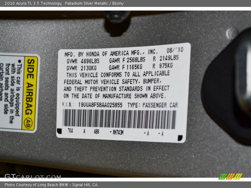 Palladium Silver Metallic / Ebony 2010 Acura TL 3.5 Technology