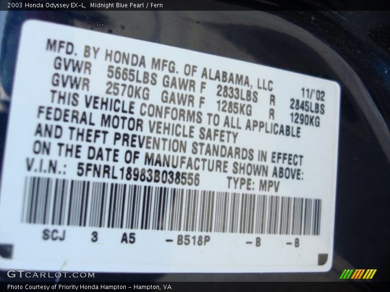 2003 Odyssey EX-L Midnight Blue Pearl Color Code B518P