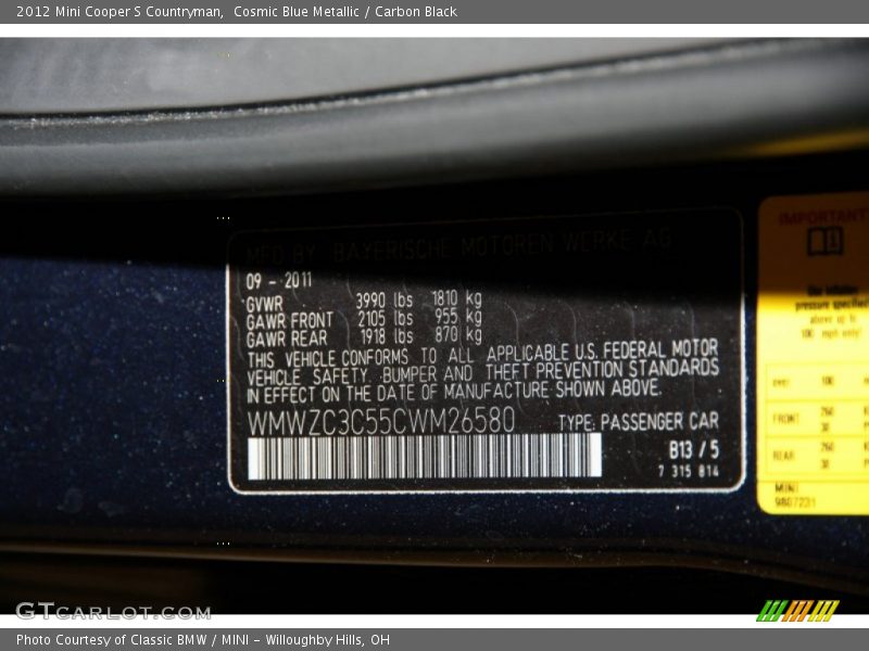 Cosmic Blue Metallic / Carbon Black 2012 Mini Cooper S Countryman