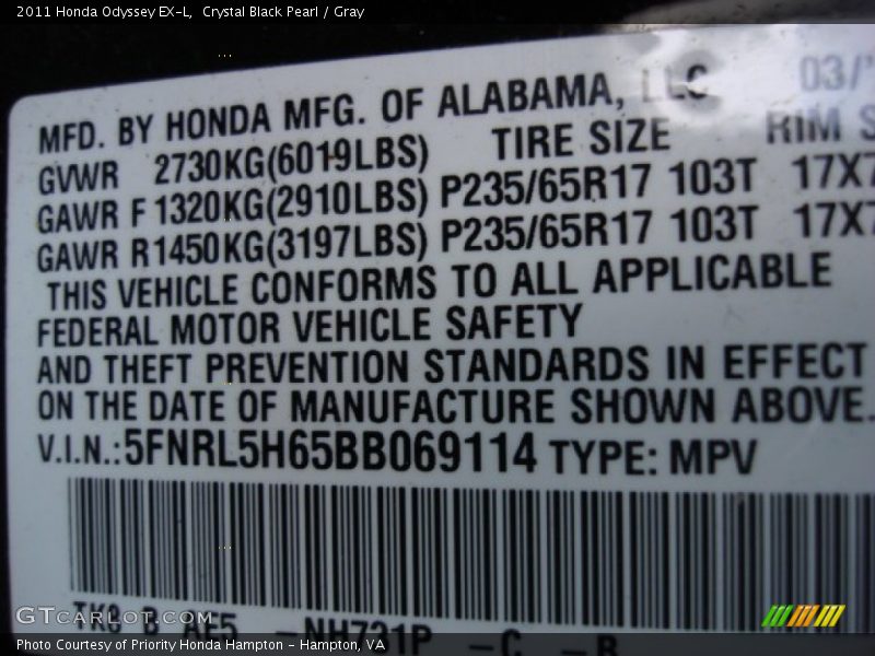 Crystal Black Pearl / Gray 2011 Honda Odyssey EX-L