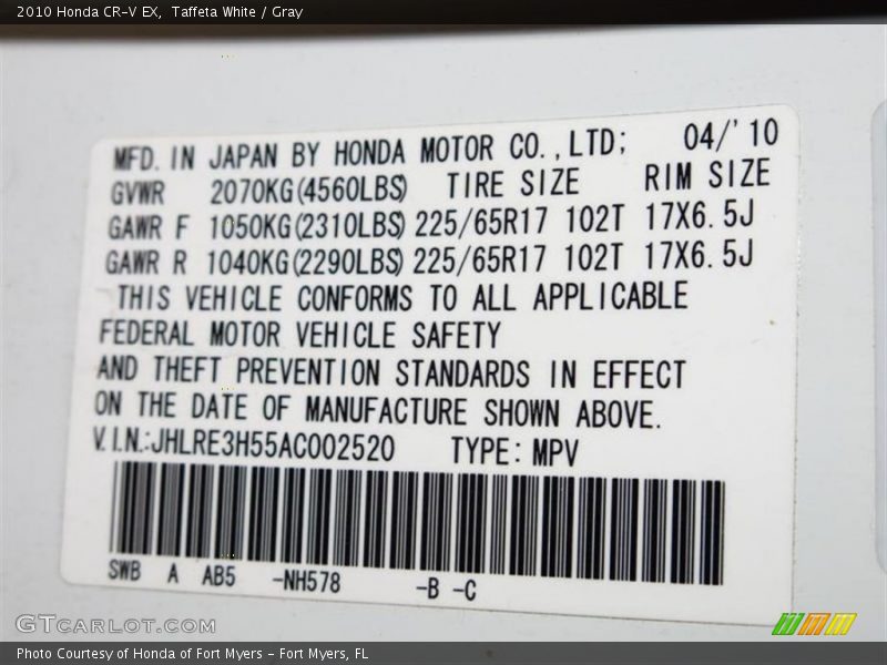 2010 CR-V EX Taffeta White Color Code NH578
