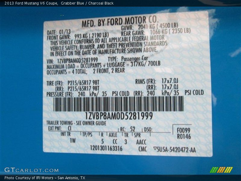 Grabber Blue / Charcoal Black 2013 Ford Mustang V6 Coupe