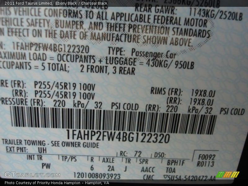 Ebony Black / Charcoal Black 2011 Ford Taurus Limited