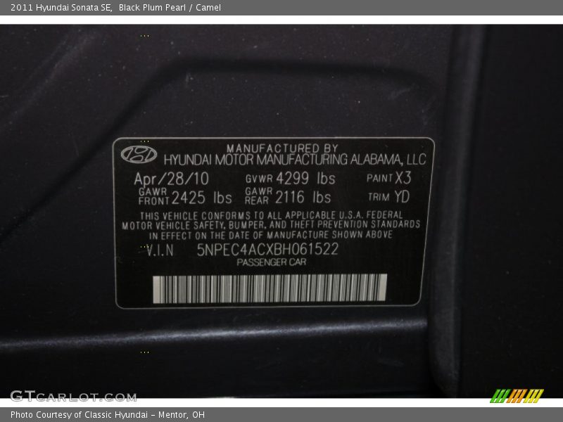 Black Plum Pearl / Camel 2011 Hyundai Sonata SE
