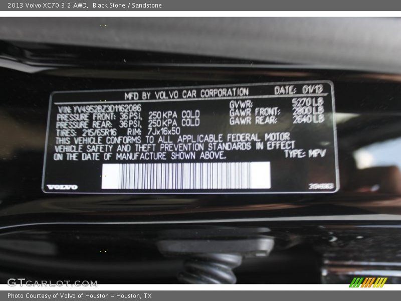 Info Tag of 2013 XC70 3.2 AWD