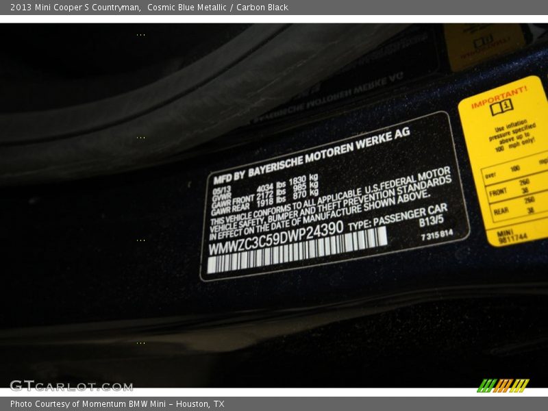Cosmic Blue Metallic / Carbon Black 2013 Mini Cooper S Countryman