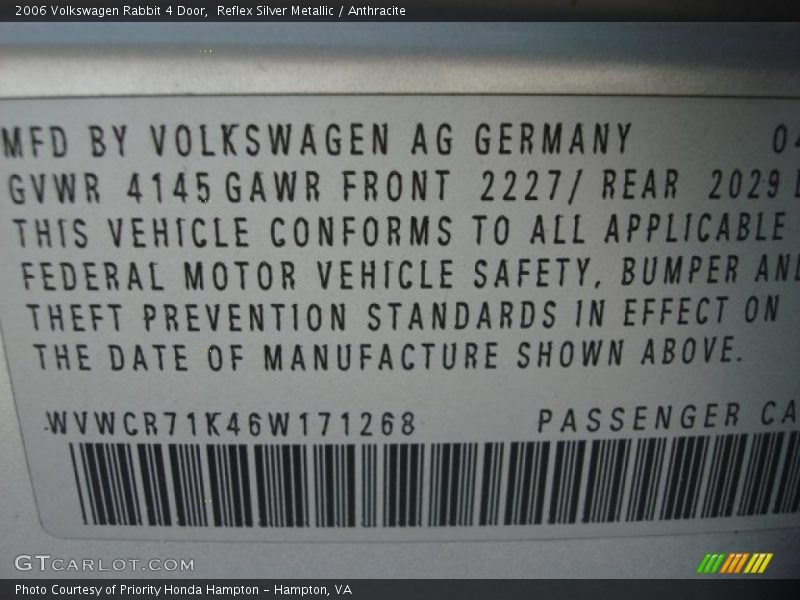 Reflex Silver Metallic / Anthracite 2006 Volkswagen Rabbit 4 Door