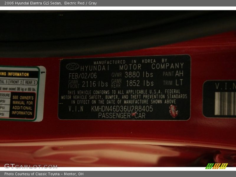 2006 Elantra GLS Sedan Electric Red Color Code AH