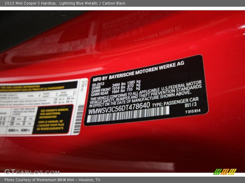 Lightning Blue Metallic / Carbon Black 2013 Mini Cooper S Hardtop