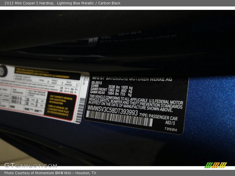 Lightning Blue Metallic / Carbon Black 2013 Mini Cooper S Hardtop