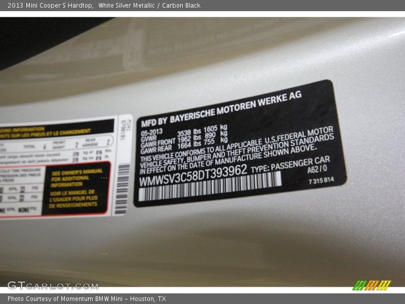 White Silver Metallic / Carbon Black 2013 Mini Cooper S Hardtop
