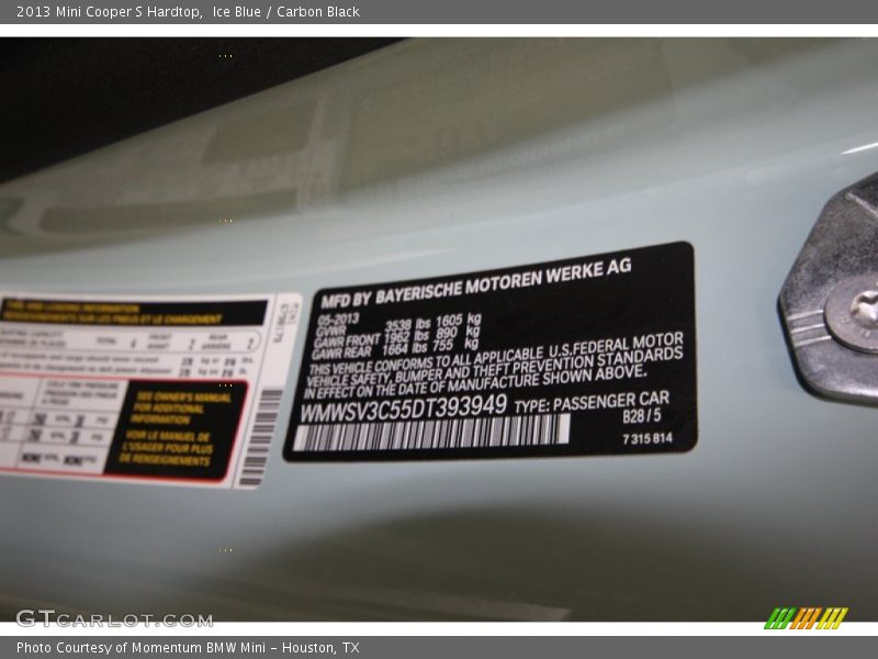 Ice Blue / Carbon Black 2013 Mini Cooper S Hardtop