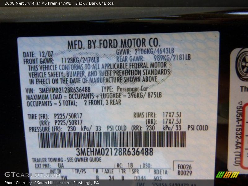 Black / Dark Charcoal 2008 Mercury Milan V6 Premier AWD