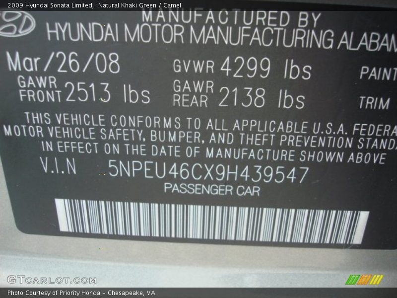 Natural Khaki Green / Camel 2009 Hyundai Sonata Limited