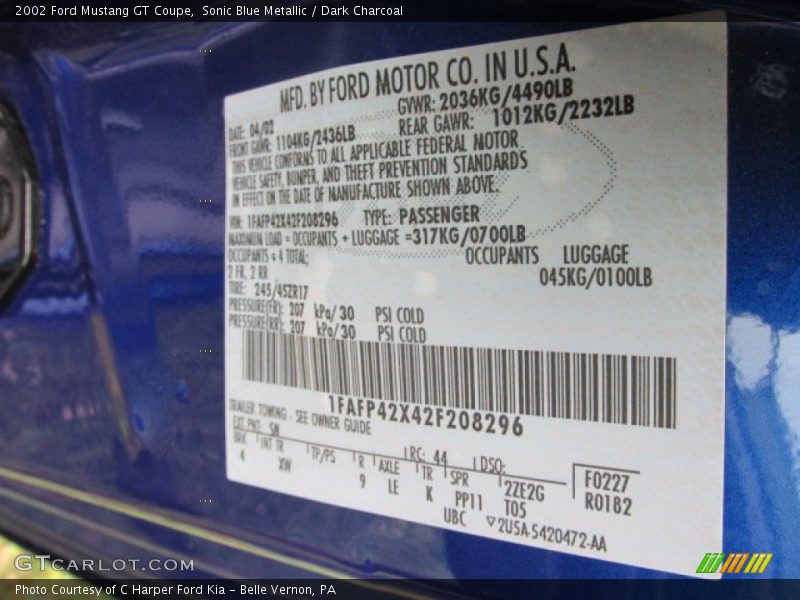 Sonic Blue Metallic / Dark Charcoal 2002 Ford Mustang GT Coupe
