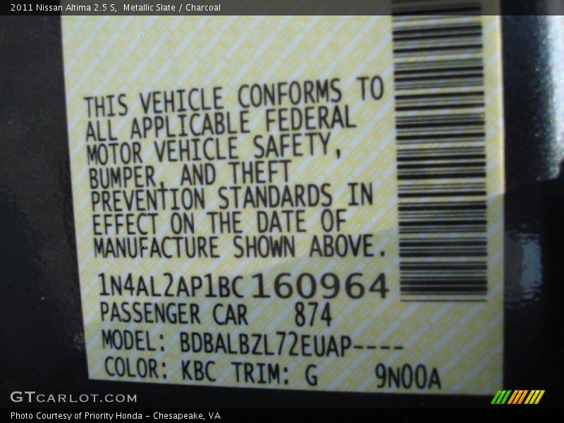 Metallic Slate / Charcoal 2011 Nissan Altima 2.5 S
