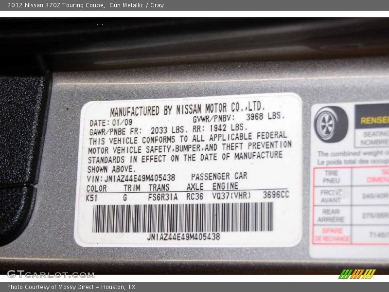 Gun Metallic / Gray 2012 Nissan 370Z Touring Coupe