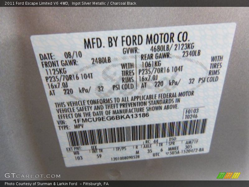 Ingot Silver Metallic / Charcoal Black 2011 Ford Escape Limited V6 4WD