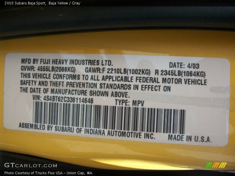 Baja Yellow / Gray 2003 Subaru Baja Sport
