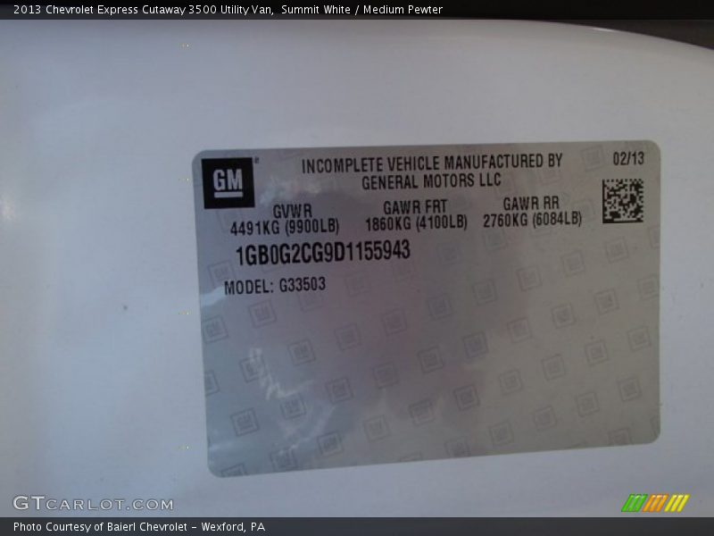 Info Tag of 2013 Express Cutaway 3500 Utility Van