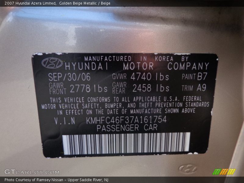 Golden Beige Metallic / Beige 2007 Hyundai Azera Limited