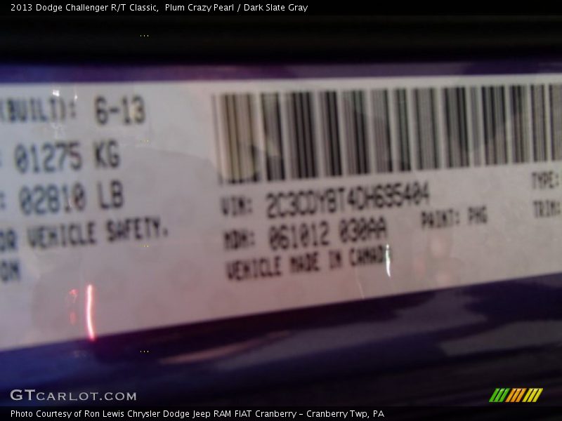 2013 Challenger R/T Classic Plum Crazy Pearl Color Code PHG