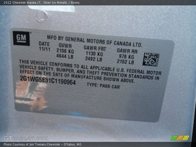 Silver Ice Metallic / Ebony 2012 Chevrolet Impala LT