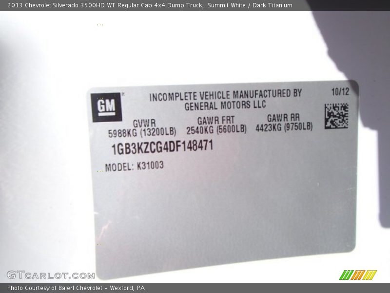 Summit White / Dark Titanium 2013 Chevrolet Silverado 3500HD WT Regular Cab 4x4 Dump Truck