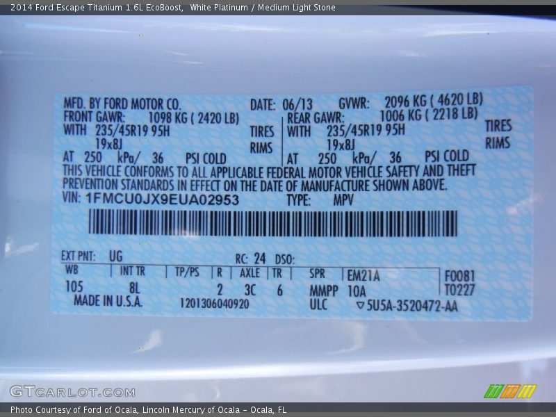 2014 Escape Titanium 1.6L EcoBoost White Platinum Color Code UG