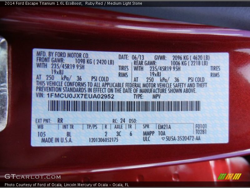 2014 Escape Titanium 1.6L EcoBoost Ruby Red Color Code RR